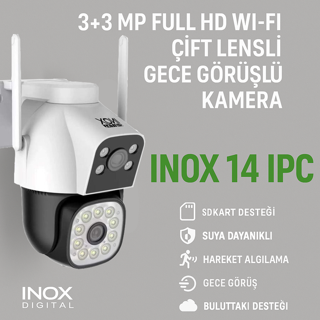 INOX-14IPC 3+3 Megapiksel 1080P Full HD Wi-Fi Çift Lensli Gece Görüşlü Suya Dayanıklı Dış Ortam Kamera