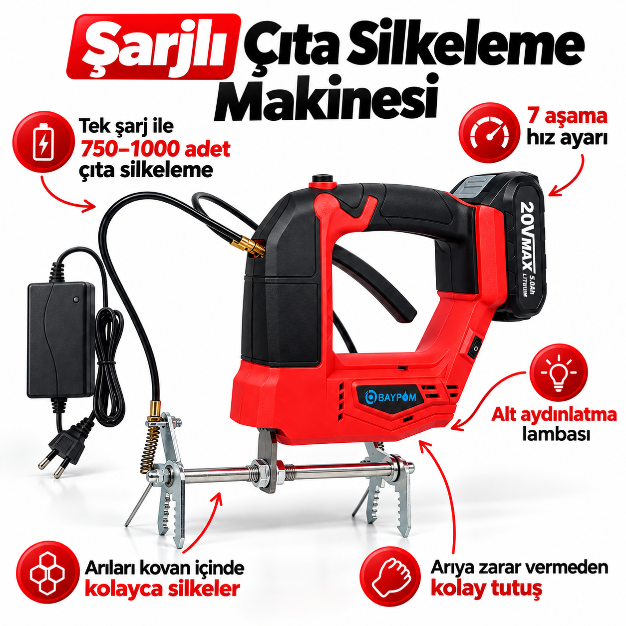 Çift Bataryalı Şarjlı Arı Çıtası Silkeleme Makinesi – 7 Kademeli Hız Ayarlı